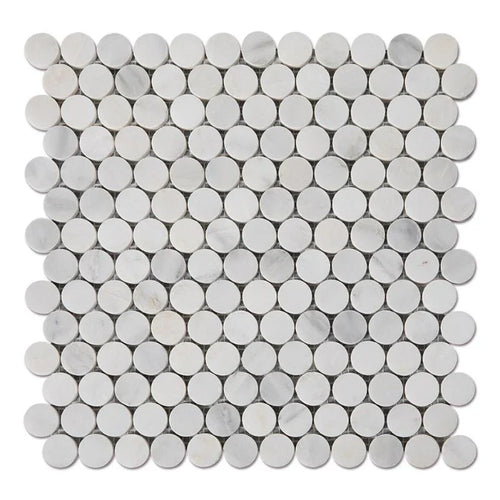 Asian Statuary (Oriental White) Marble Penny Round Polished Mosaic Tile.