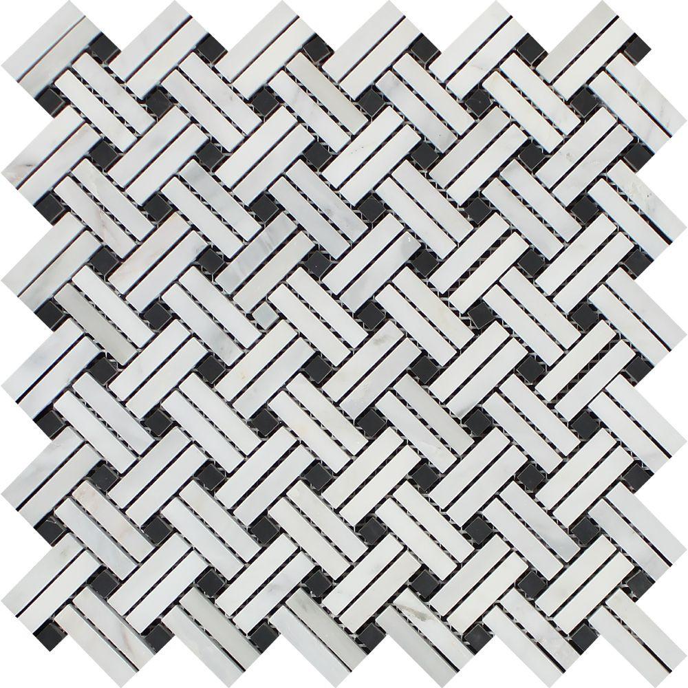 Oriental White Honed Marble Stanza Mosaic Tile w/ Black Dots.