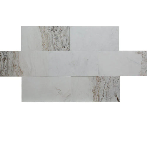 Calacatta Amber marble honed tile 12x24 display showing warm amber veining on soft white base.