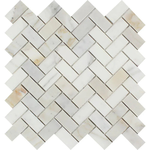 Calacatta Gold Marble 1x2 Herringbone Polished Mosaic Tile.
