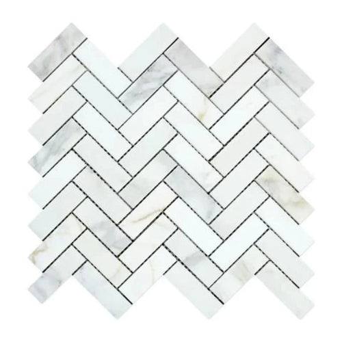 Calacatta Gold Marble 1x3 Herringbone Polished Mosaic Tile.