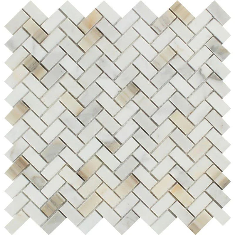 Calacatta Gold Marble Mini Herringbone Honed Mosaic Tile.