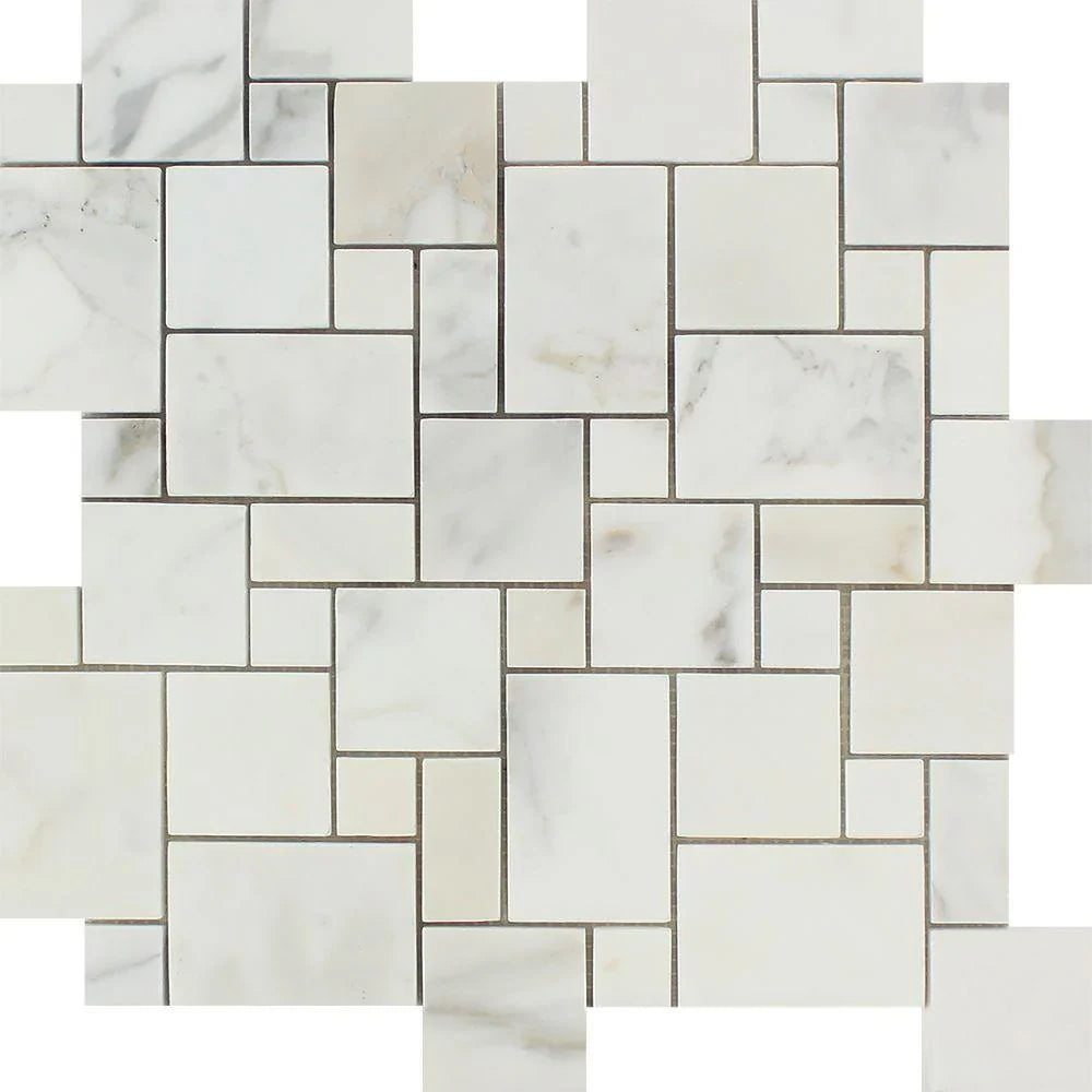 Calacatta Gold Marble Mini Versailles Pattern Honed Mosaic Tile.