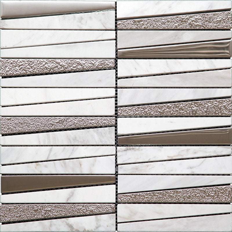 Cityscape Layers White Glass, Stone Mosaic Tile.