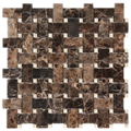 Emparador Dark with Crema Marfil dot Basketweave Polished Mosaic Tile.