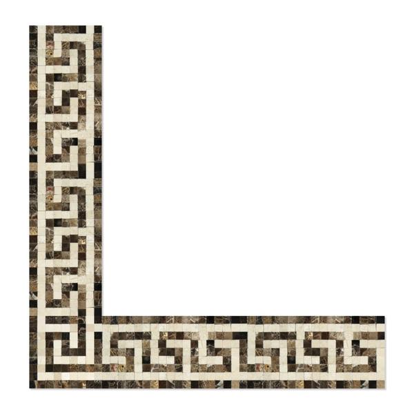 Emperador Dark Polished Marble Greek Key Corner (Emp. Dark + Crema Marfil).