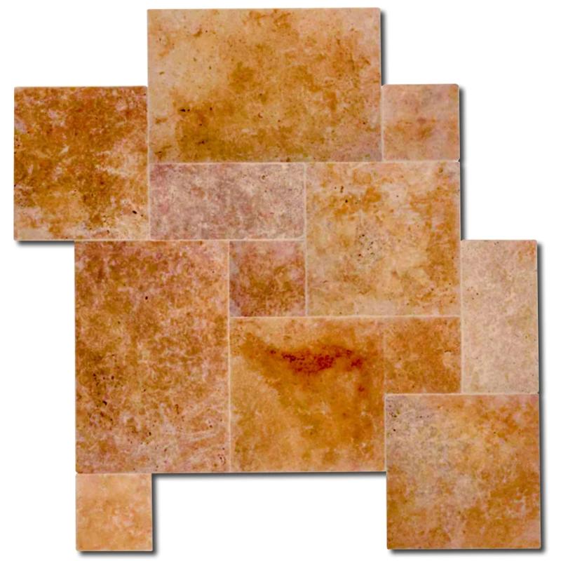 Gold Travertine Unfilled Brushed & Chiseled Versailles Pattern Tile.