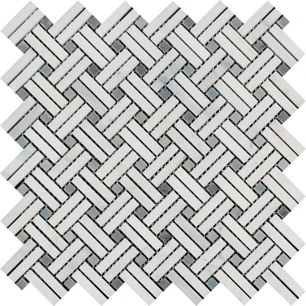 Oriental White Honed Marble Stanza Mosaic Tile w/ Blue-Gray Dots.