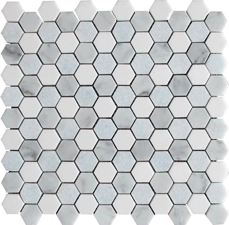 MYKONOS KORFOS Thassos/Carrara/Blue Celeste Mosaic Tile.