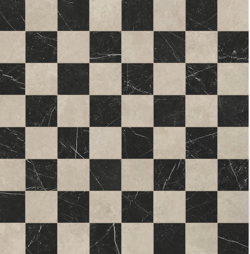 large format checkerboard marble tiles in luxury bathroom