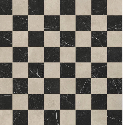 large format checkerboard marble tiles in luxury bathroom