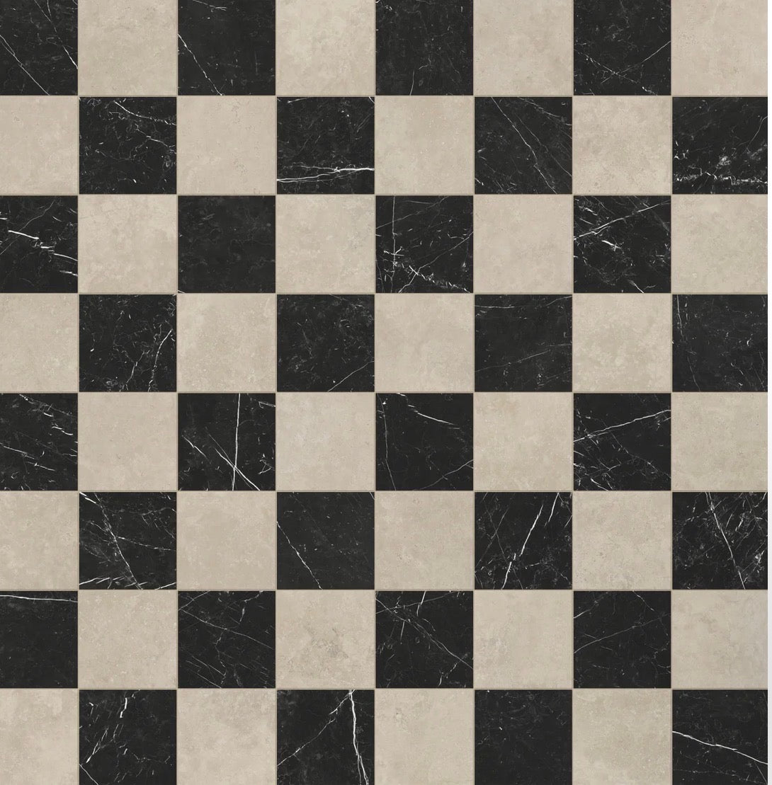 large format checkerboard marble tiles in luxury bathroom