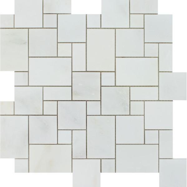 Oriental White Polished Marble Mini Versailles Pattern Mosaic Tile.