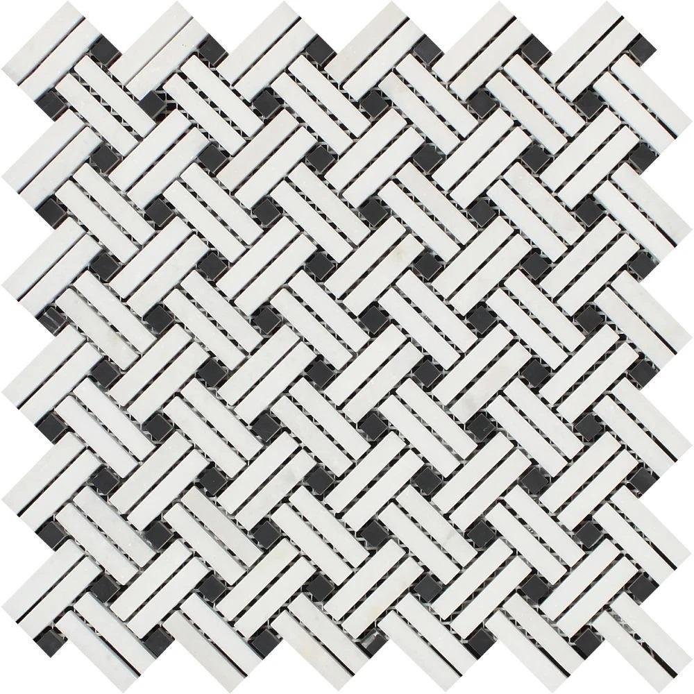 Oriental White Polished Marble Stanza Mosaic Tile w/ Black Dots.