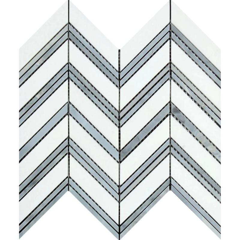 Thassos White Marble Chevron with Blue Strips Honed Mosaic Tile.