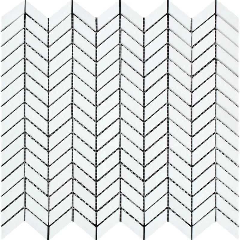 Thassos White Marble Mini Chevron Honed Mosaic Tile.