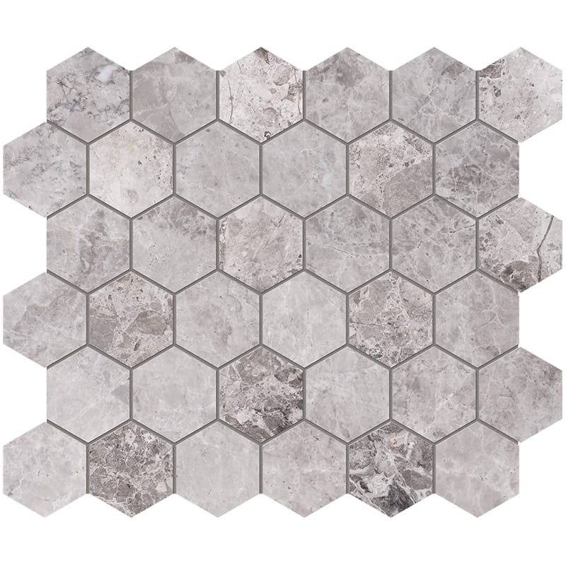 Tundra Gray Marble Hexagon Tile 2x2 honed mosaic with soft gray tones and natural marble variation.