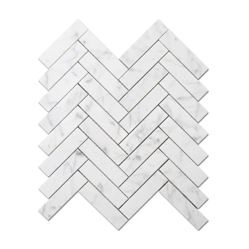 White Carrara Marble 1x4 Herringbone Honed Mosaic Tile.
