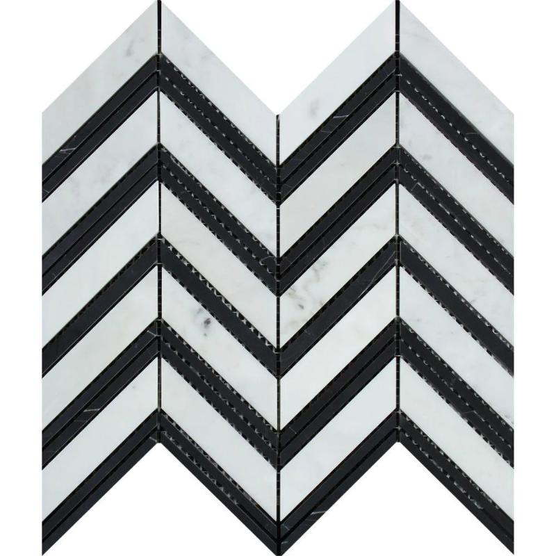 White Carrara Marble Chevron with Black Strips Honed Mosaic Tile.