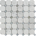 White Carrara Marble Octagon with Blue Dots Polished Mosaic Tile.