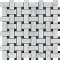 White Carrara Marble Polished Basketweave with Black Dots Mosaic Tile.